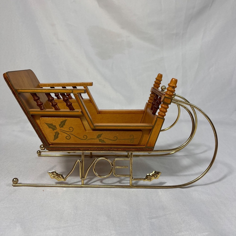 Vintage Wooden Christmas Sleigh Decor Brass NOEL Runner Holly Farmhouse Holiday - Picture 2 of 10